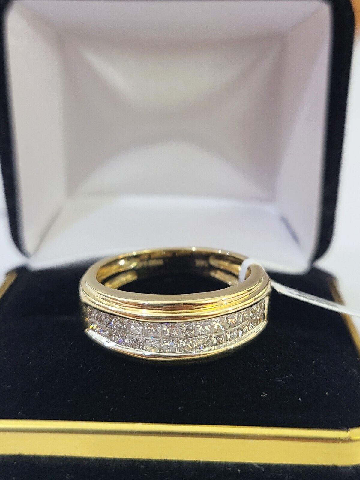 Real 14k Yellow Gold Diamond Mens Ring Two Row Band Wedding Genuine Natural - GoldenlinQ